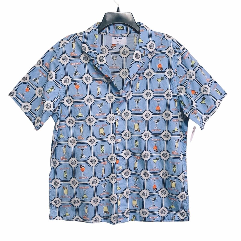 Old Navy Mens Printed Camp Shirt Size Medium Blue Button-Up Short Sleeve